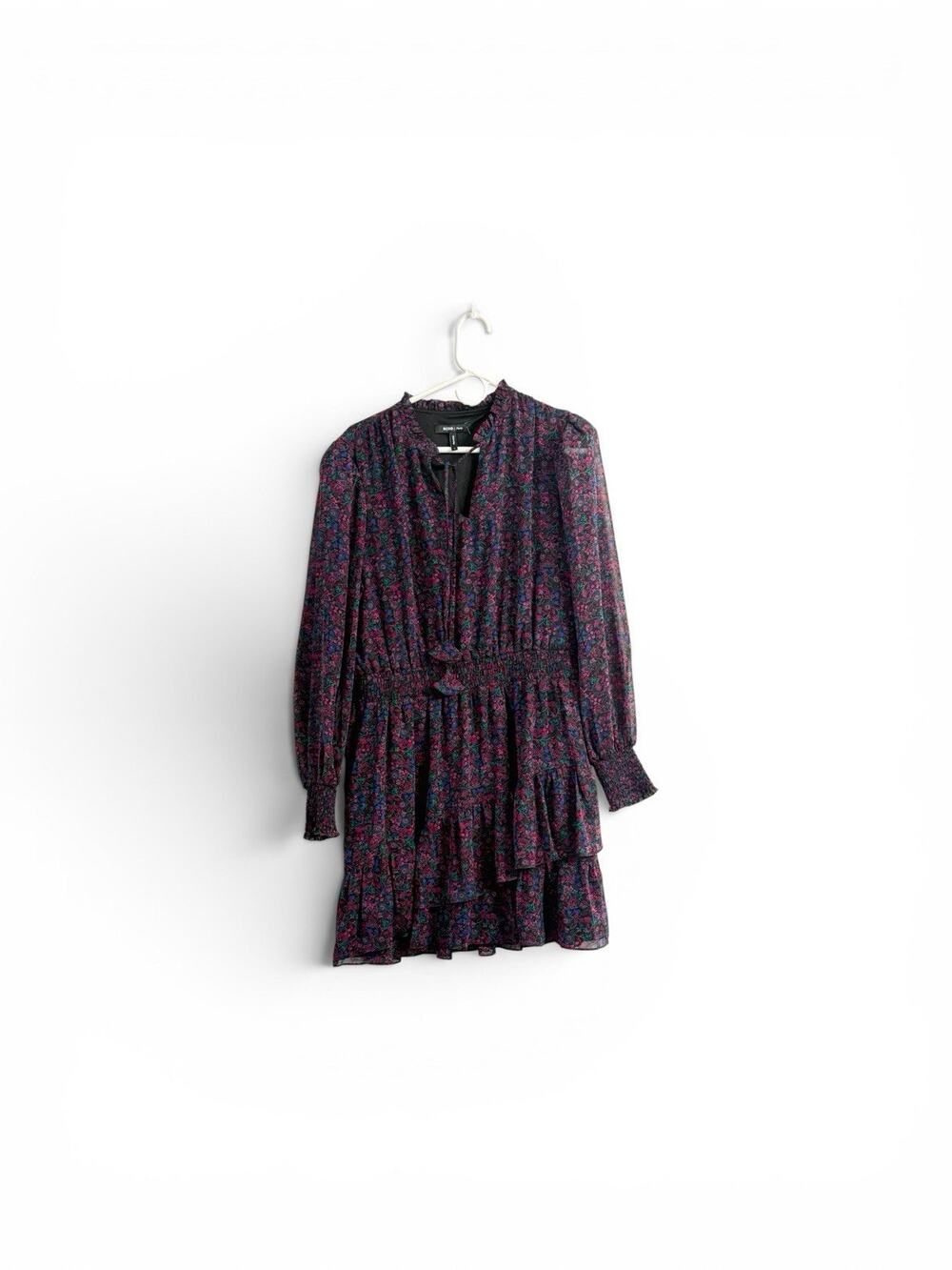 BCBG Paris Floral Chiffon Mini Dress L Smocked Waist Ruffle Boho Long Sleeve